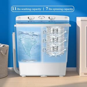 Portable Twin Tub Washing Machine with 11lbs washer and 7lbs spinner, featuring a free dry rack offer