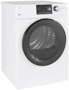 GE® 24" 4.3 Cu.Ft. Front Load Vented Electric Dryer with Stainless Steel Basket in a modern laundry room