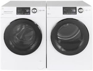 GE® 24" 4.3 Cu.Ft. Front Load Vented Electric Dryer with Stainless Steel Basket in a modern laundry room