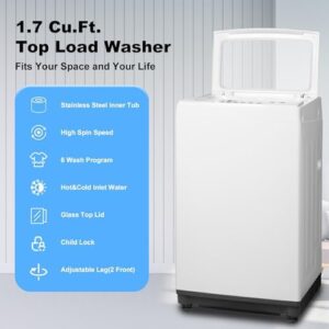 1.7 Cu.Ft. Portable Washing Machine, compact, fully automatic, white color, transparent lid