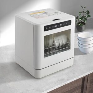 QLK-T08 Countertop Dishwasher in white, designed for small kitchens, apartments, and RVs with 4 washing programs.