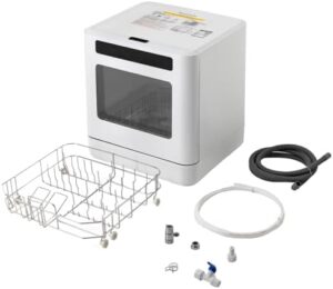 QLK-T08 Countertop Dishwasher in white, designed for small kitchens, apartments, and RVs with 4 washing programs.