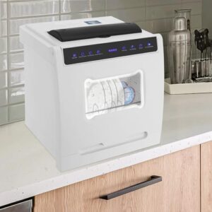 Countertop white portable mini dishwasher with 4 washing modes, drying function, and detachable dish rack.