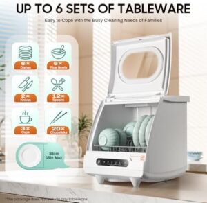 Portable Countertop Dishwasher 1200W in a small kitchen setting, showing its compact design and washing programs