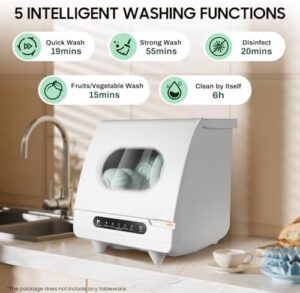 Portable Countertop Dishwasher 1200W in a small kitchen setting, showing its compact design and washing programs