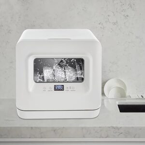 Countertop dishwasher for small spaces, featuring 785W power, 5 programs, and 360° spray