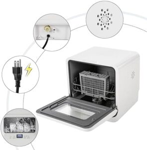 Countertop dishwasher for small spaces, featuring 785W power, 5 programs, and 360° spray