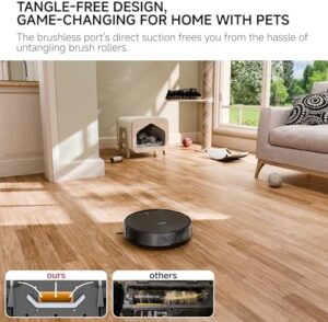 Robot vacuum with 3000Pa suction, brushless tangle-free design, and slim profile, perfect for cleaning hard floors, carpets, and pet hair