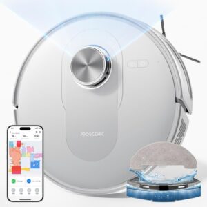 Proscenic Q8 Robot Vacuum and Mop White on a hardwood floor