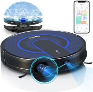 Robotic vacuum with mop featuring lidar camera, smart navigation, and ultra-thin design, perfect for pet hair and home cleaning.