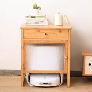 Wood Organizer Stand for Robotic Vacuum Cleaner in light grey, designed to store robotic vacuum and mop.