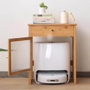 Wood Organizer Stand for Robotic Vacuum Cleaner in light grey, designed to store robotic vacuum and mop.