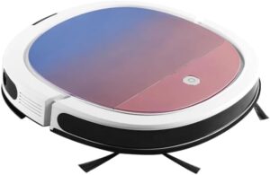 Smart Wi-Fi Robot Vacuum Cleaner in action, cleaning a living room floor 