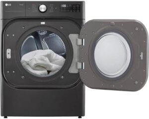 9.0 cu. ft. Mega Capacity Smart Wi-Fi Enabled Front Load Electric Dryer with TurboSteam™ and Built-In Intelligence in a modern laundry room