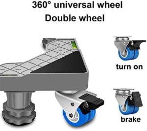 Washing machine base with four vibration-locking wheels and adjustable legs for easy appliance mobility.