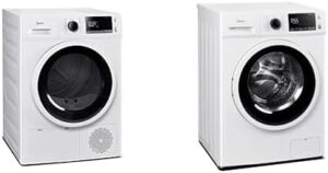 Midea 24" Compact Front-Load Washing Machine and Heat Pump Ventless Dryer Pair in white, showcasing its energy-saving features and compact design