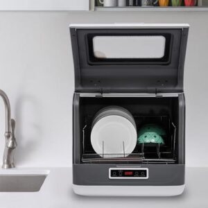 Compact portable dishwasher for apartments and RVs, featuring 3 wash programs, 360° rotating spray, and high-temp air-dry function.