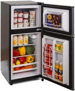 BODIOO Fridge with Freezer, 2.8 Cu.Ft, double door refrigerator in dark gray, featuring 7 adjustable temperature settings and low-noise operation.  