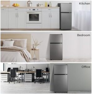 BODIOO Fridge with Freezer, 2.8 Cu.Ft, double door refrigerator in dark gray, featuring 7 adjustable temperature settings and low-noise operation.  