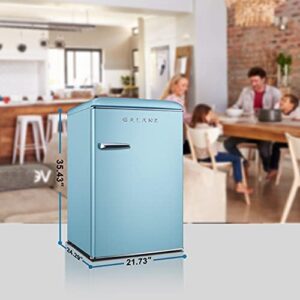 Galanz GLR44BEER Retro Compact Refrigerator in blue, showcasing its stylish design and features