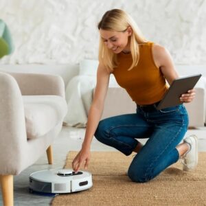 Smart Home Robot Vacuum Cleaner with Mop & Automatic Dust Collection in black, showing advanced features and sleek design.  