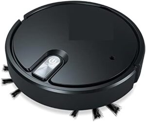 xcq Vacuums 5-in-1 Wireless Smart Robot Vacuum Cleaner, black model, performing vacuuming, mopping, and humidifying functions on a hardwood floor.  