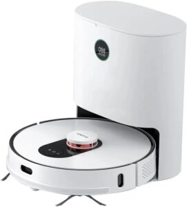 Smart Home Robot Vacuum Cleaner with Mop & Automatic Dust Collection in white color, showing sleek design and advanced features