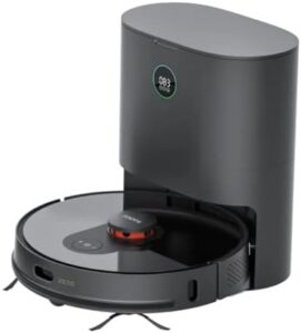 Smart Home Robot Vacuum Cleaner with mop and automatic dust collection in black, showcasing its sleek design and features.