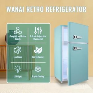 WANAI 3.5 Cu.Ft Mini Fridge with Freezer, compact blue refrigerator for office, dorm, bedroom, and apartment