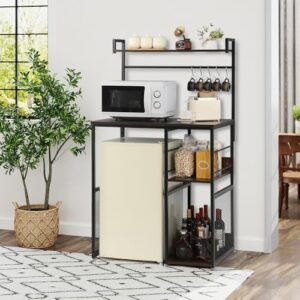 4-Tier Mini Fridge Cabinet Microwave Stand with Storage, rustic brown finish, multi-tier design with hooks, ideal for kitchens and dorms