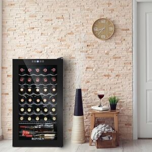 34 Bottle Freestanding Wine Fridge, perfect for storing red, white wine, and champagne with digital control and double-layered glass door.