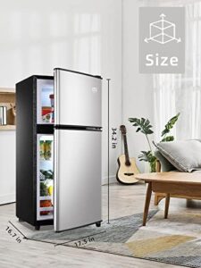 3.5 Cu.ft Retro Mini Fridge with Freezer in Silver, showcasing the 2-door design and adjustable thermostat