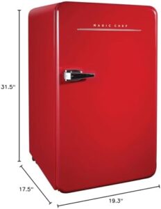 Magic Chef MCR32CHR Compact Refrigerator in red, placed in a modern office setting