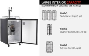 Stainless steel kegerator and keg beer cooler with dual tap system, drip tray, and rail  