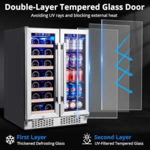 24 Inch Wine and Beverage Refrigerator with Glass Door, Dual Zone Cooling, Blue LED Light