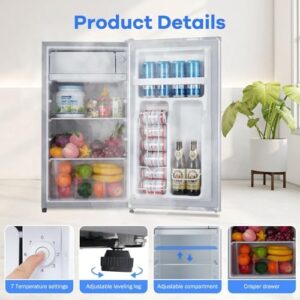 Mini Fridge with Freezer - 3.2 Cu.Ft Compact Refrigerator with Adjustable Thermostat, Ideal for Bedroom, Apartment, and Office