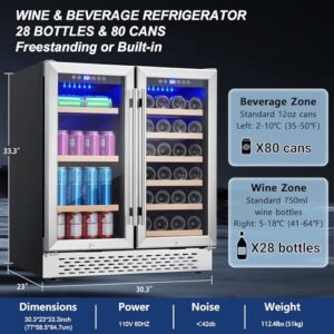 Wine Cooler 30-Inch Dual Zone Refrigerator with Glass Door and Digital Touch Control