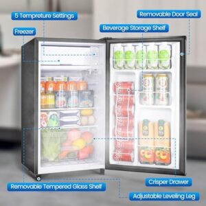 WANAI 3.2 Cu.Ft Mini Fridge with Freezer and Adjustable Thermostat - Compact Black Refrigerator