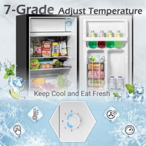 3.2 Cu.Ft Mini Fridge with Freezer, Black, Adjustable Thermostat, Low Noise, Removable Glass Shelves