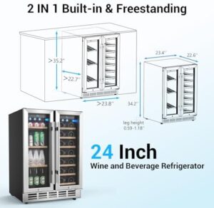 Silver Wine Refrigerator with Beechwood Shelves, perfect for storing 20 wine bottles and 57 cans