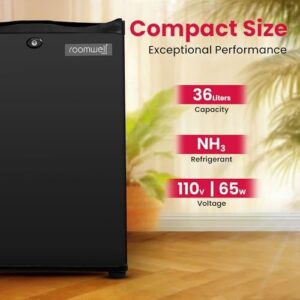 1.4 cu.ft Compact Auto Defrost Mini Fridge with Lock and Key, designed for noise-free operation and perfect for RV, dorm, office, and travel.