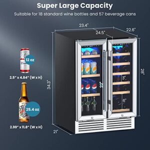 Costway Wine and Beverage Refrigerator, 24 Inch Dual Zone Under Counter Wine Cooler w/Lock, 19 Bottles & 57 Cans Beverage Fridge Cooler, Built-In or Freestanding Wine Fridge for Kitchen Bar