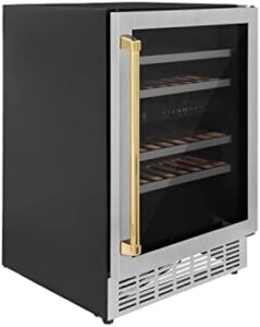 ZLINE 24" Monument Autograph Edition Dual Zone 44-Bottle Wine Cooler in Stainless Steel with Polished Gold Accents