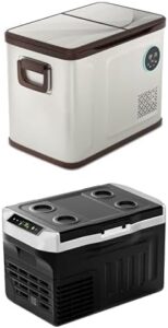 EUHOMY 12 Volt Portable Electric Refrigerator Freezer in outdoor setting, showcasing dual-zone cooling and durability