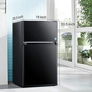 Black Mini Fridge with Freezer, 3.1 Cu.Ft, LED Light, Adjustable Thermostat, and Unique Shelf Design  