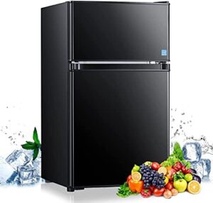 Black Mini Fridge with Freezer, 3.1 Cu.Ft, LED Light, Adjustable Thermostat, and Unique Shelf Design  