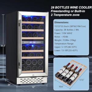 15 Inch Wine Cooler Refrigerator with Double-Layer Glass Door and Digital Temperature Control