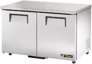 TRUE TUC-48-ADA Undercounter Refrigerator, 2 Door, 12 Cu. Ft, Silver in a modern kitchen setting