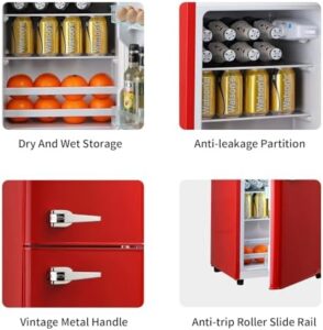 Stylish red FLS-80G-RED Retro Compact Refrigerator with chrome accents, perfect for small spaces. 